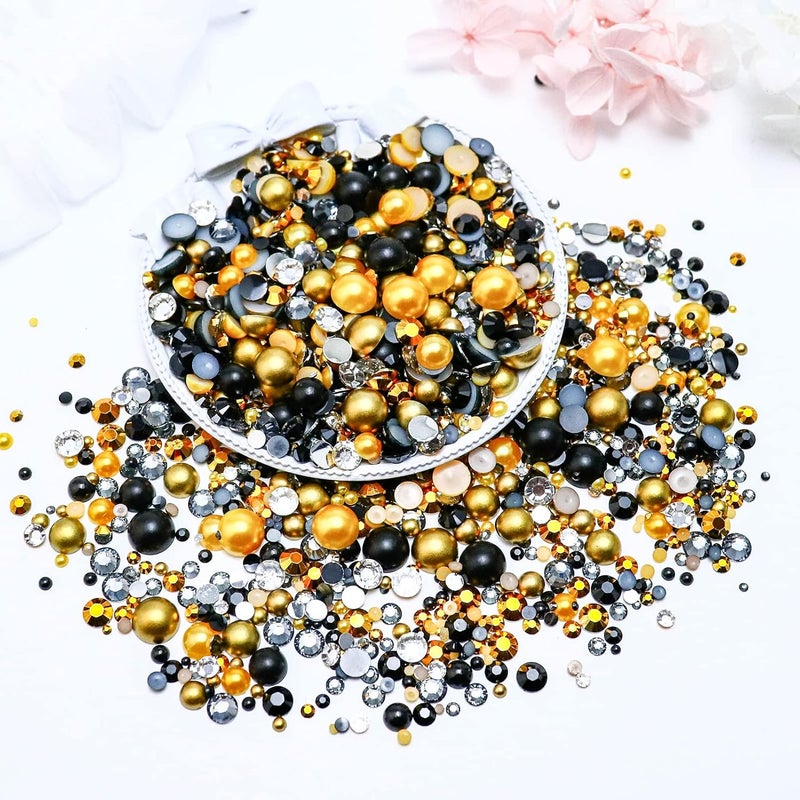 Towenm 60g Mix Flatback Pearls and Rhinestone, 2mm-10mm Mix Rhinestones and Pearls for Crafts Tumblers Shoes Nails Face Art, with Picker Pen, Black|Gold|Yellow - Image 3